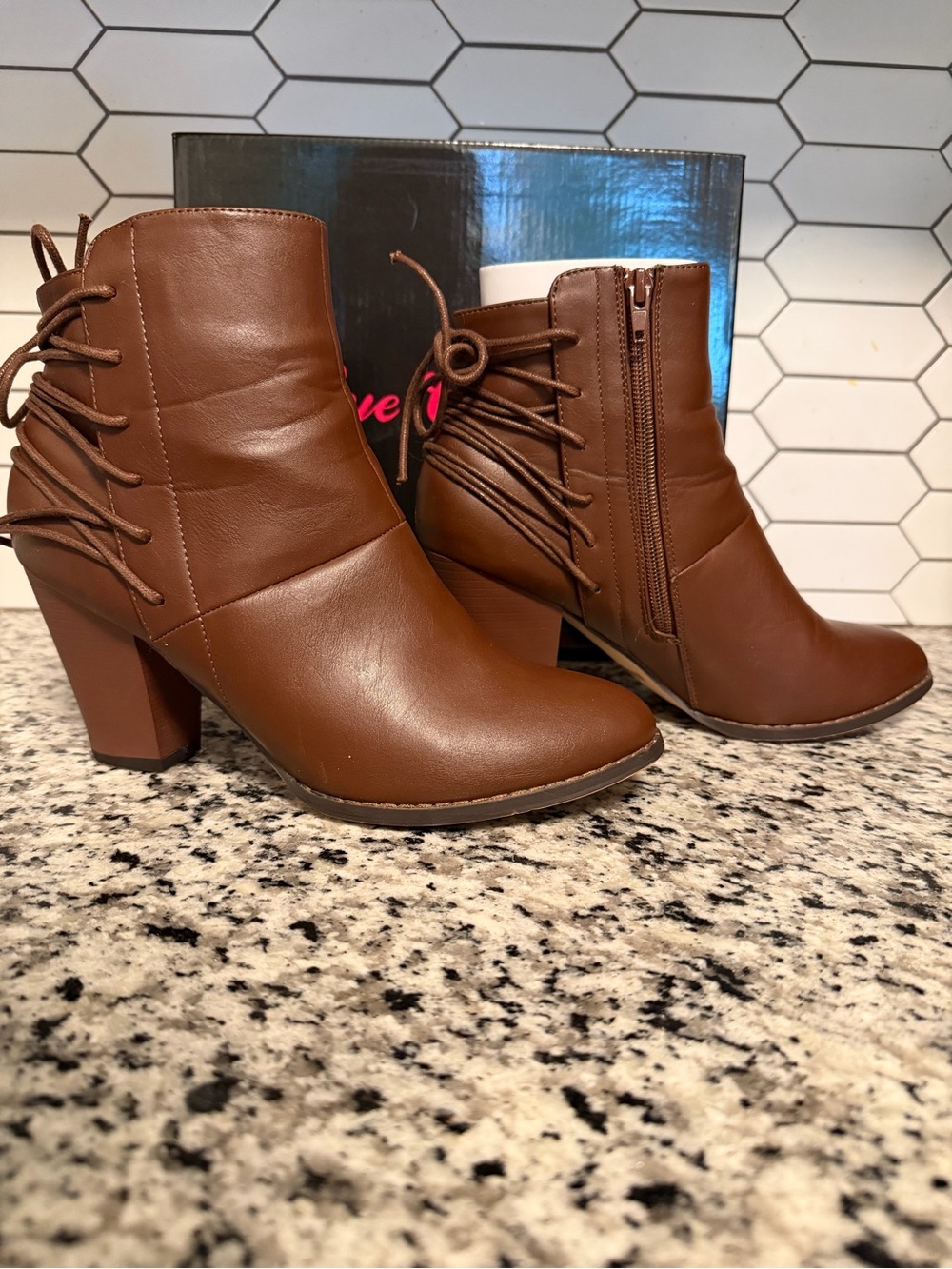 eye candy Brown Lace-Up Block Heel Ankle Boots